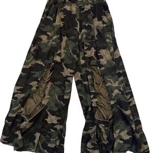 Kate Hewko Green Camo Distressed Wide Leg Pants Avant Garde One Size
